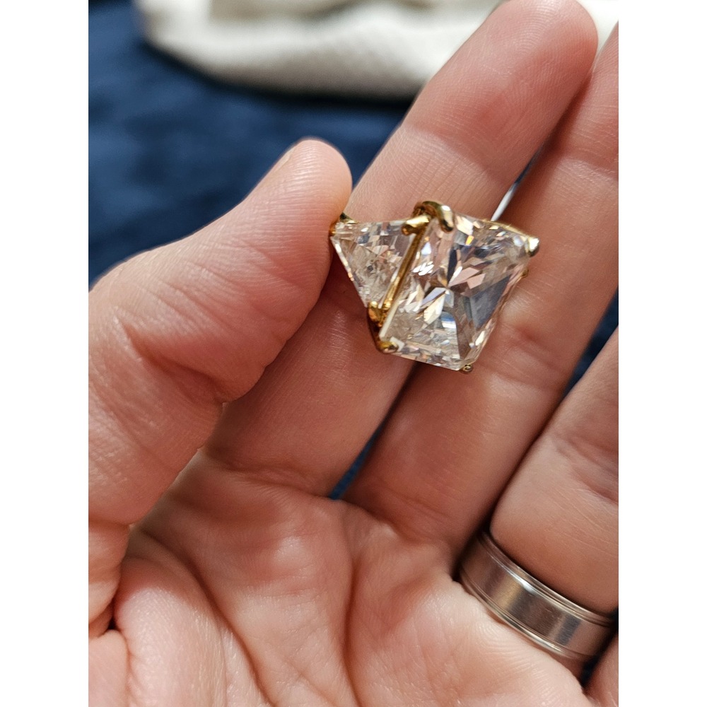 Gold Tone Radiant Three Stone Cocktail Ring Clear Trillion Side Stones Size 5.5
